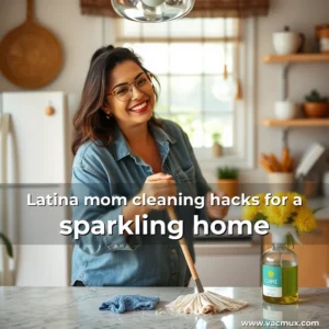 Artistic representation for Latina mom cleaning hacks for a sparkling home
